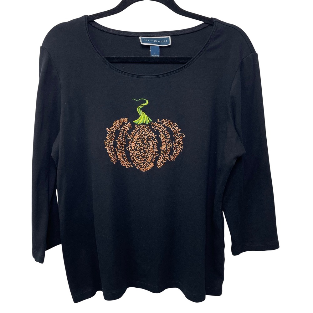 Black Cotton Pumpkin Embroidered Glitter 3/4 Sleeve Top Thanksgiving Haloween L